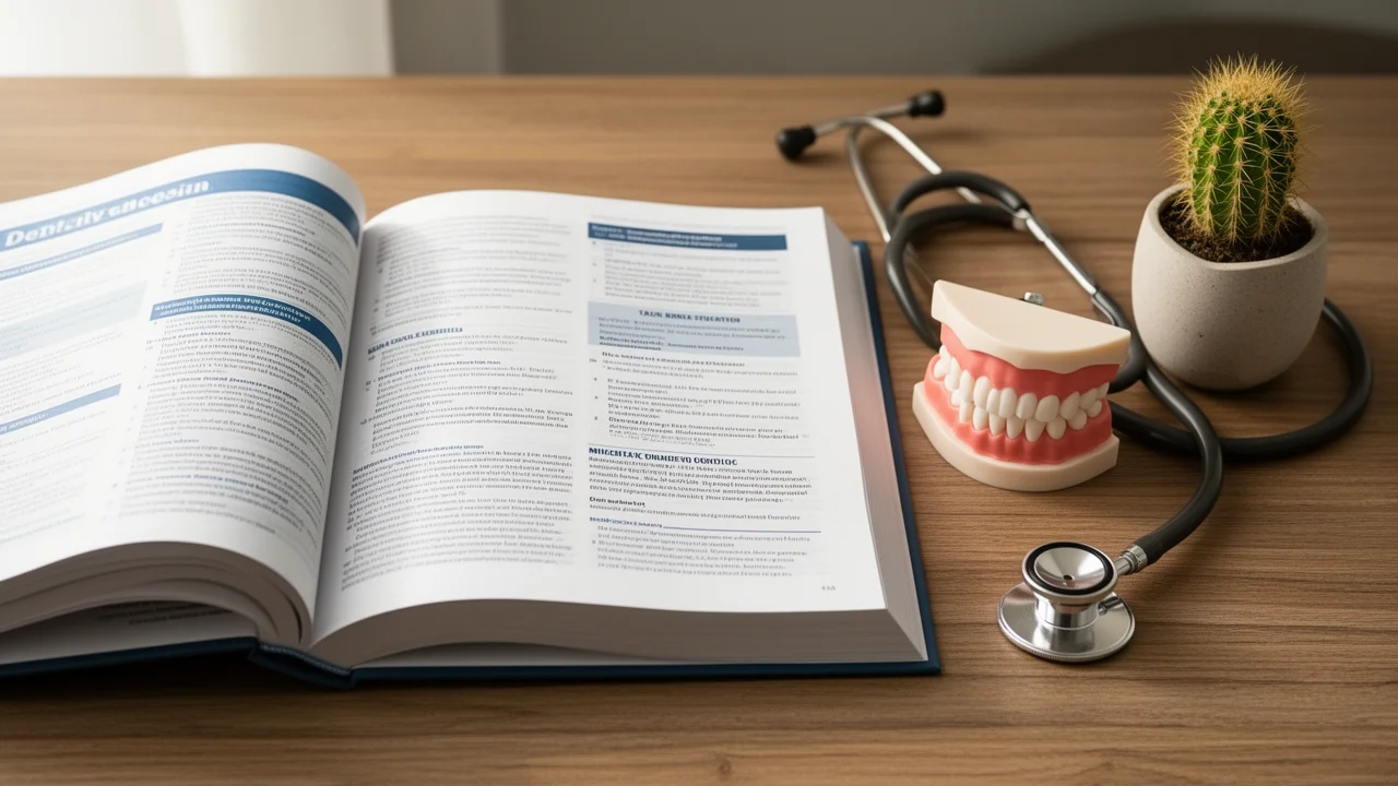 A flat lay of dental education materials, symbolizing the learning and informational mission of the Texas Dentistry Insights resource.