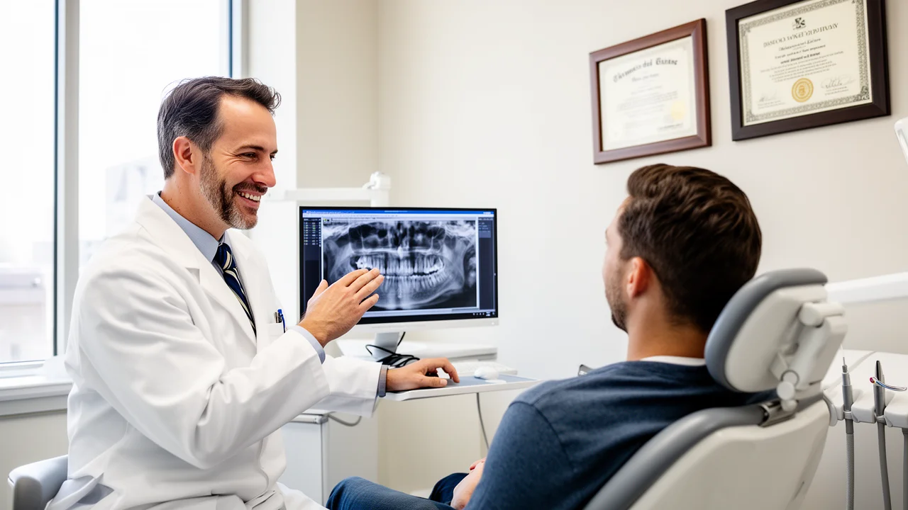 A Texas dentist discusses treatment options with a patient in a modern clinic, highlighting professional communication and state licensure.