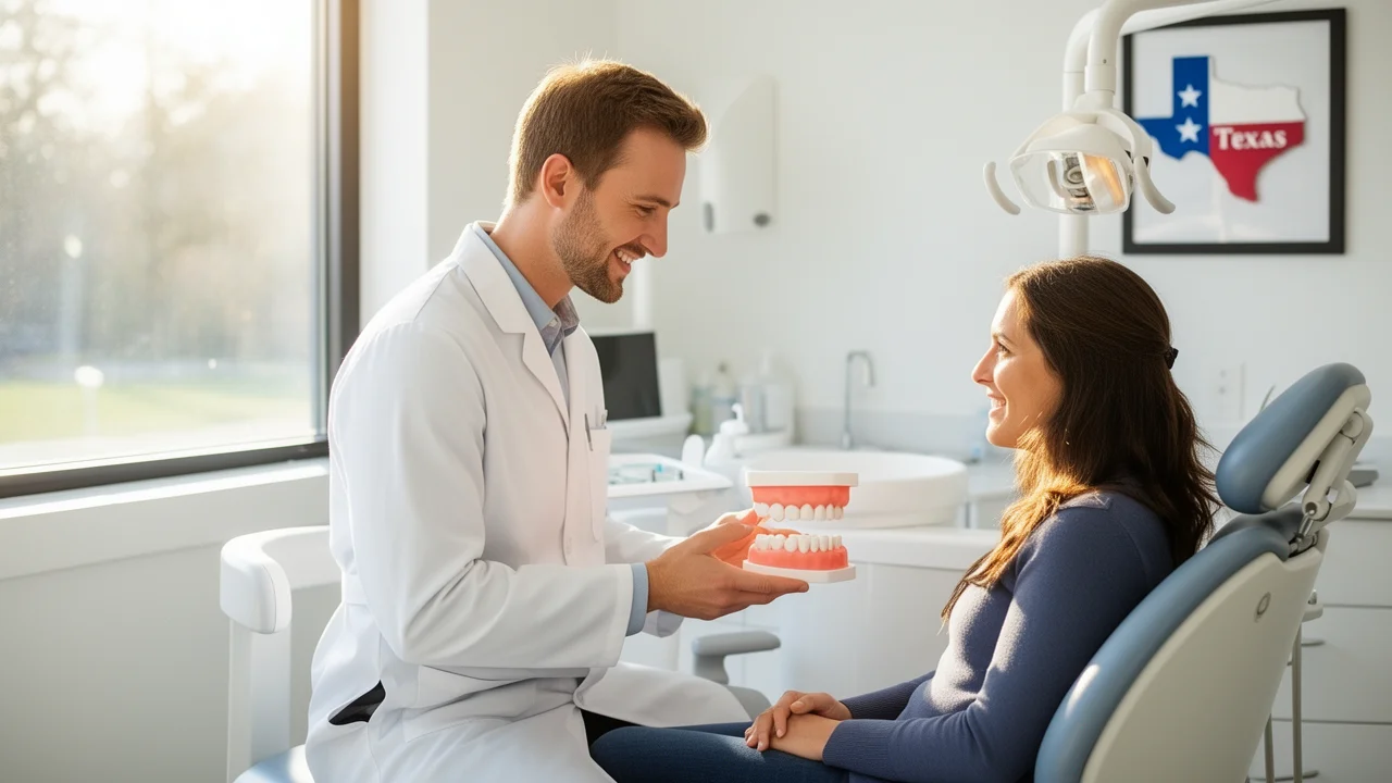 A dentist in Texas educates a patient about preventive oral health using a dental model, highlighting the importance of regular care and professional guidance.